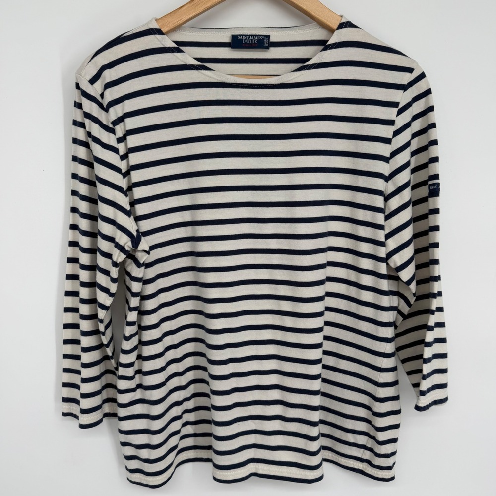 Saint James L'Atelier Breton Stripe Cotton Top Navy Cream Made in France Size 14